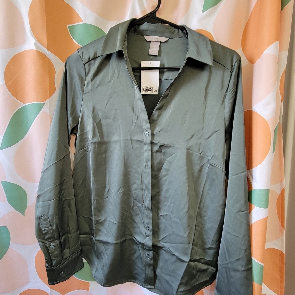 H&M sage green satin blouse